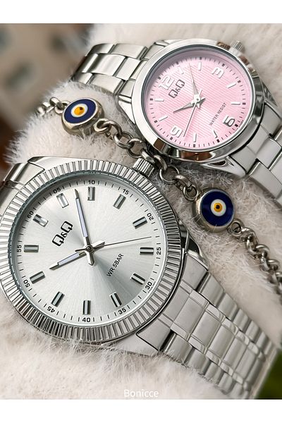Q&Q Brand Silver Color Steel Band, White - Pink Dial, Lover's Watch + Bracelet Rosary