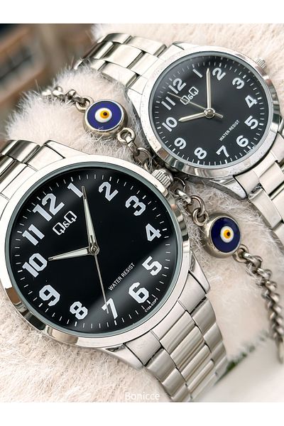 Q&Q Brand Silver Color Steel Band, Black Dial, Numeral Lover Watch + Bracelet Prayer Beads