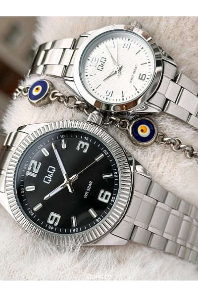 Q&Q Brand Yellow Color Steel Band, White Dial, Lover's Watch + Bracelet Rosary