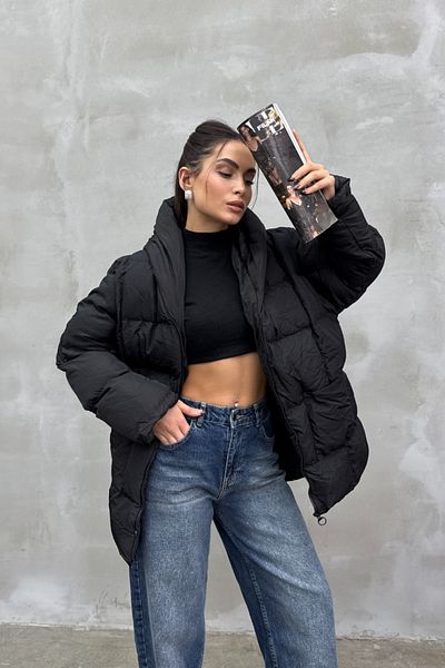 msm fashion Palton puf supradimensionat cu mâneci liliac cu glugă