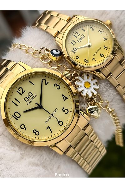 Q&Q Brand Yellow Color Steel Band, White Dial, Lover's Watch + Bracelet Rosary