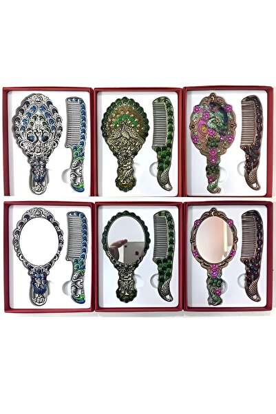 EXENET Metal Mirror and Comb Set with Ancient Pattern and Stones - Stylish Do...