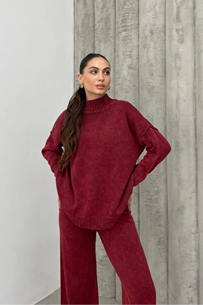 msm fashion Γυναικείο πλεκτό σετ πουλόβερ με ζιβάγκο Φαρδύ παντελόνι που πλέν...