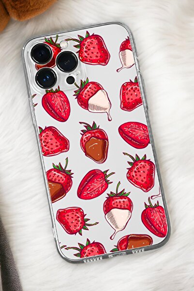 mooodcase iPhone 16 Pro Max Uyumlu Çikolatalı Çilekler Desenli Premium Silikonlu Şeffaf Telefon Kılıfı
