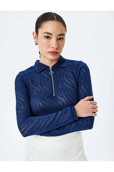 Koton Tricou cu mânecă lungă cu guler polo cu detaliu cu fermoar