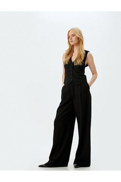 Koton Linen Blended Wide Leg Baggy Fabric Trousers with Pockets