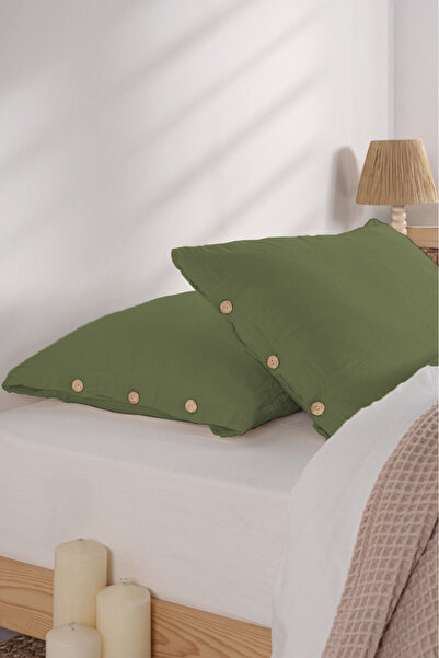 Kibele Düğmeli Müslin Yastık Kılıfı Yeşil 50x70 2 Adet Özel İşlemle Yıkanmış