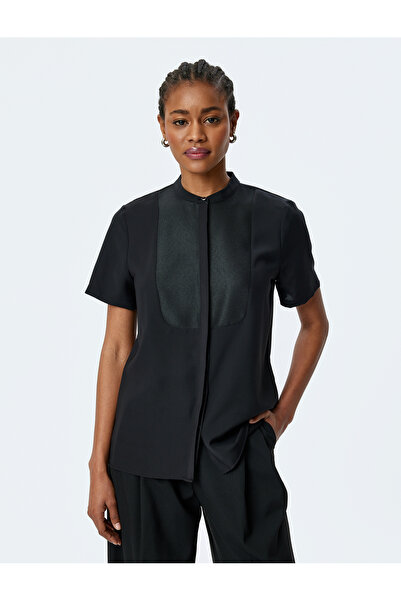 Koton Cămașă smoking cu mânecă scurtă cu guler în picioare, cu două utilizări diferite de țesături