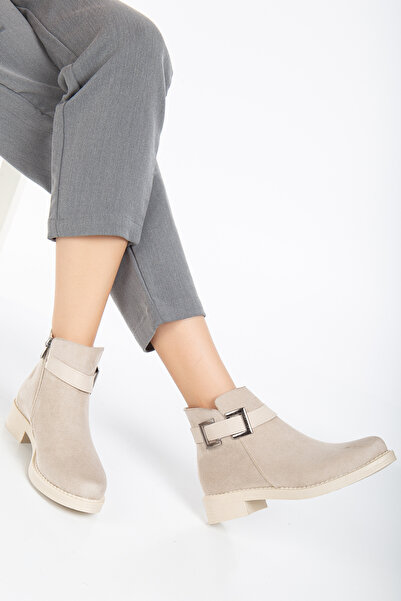 PowerSpeed Kadın Ten Süet Termo Taban Tokalı Fermuarlı Kısa Topuklu Bot