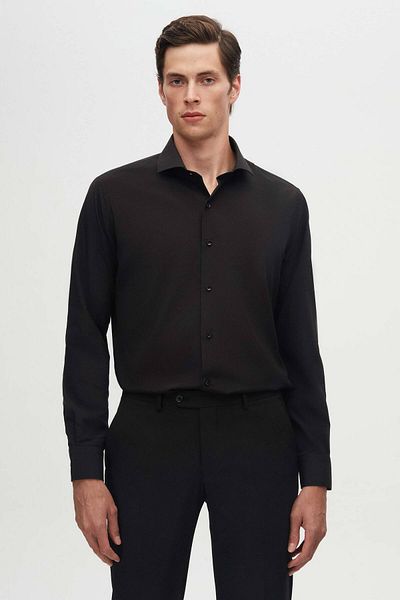 D'S Damat Schwarzes, schmal geschnittenes, schmal geschnittenes, klassisches, langärmliges, leicht bügelbares Hemd mit italienischem Kragen