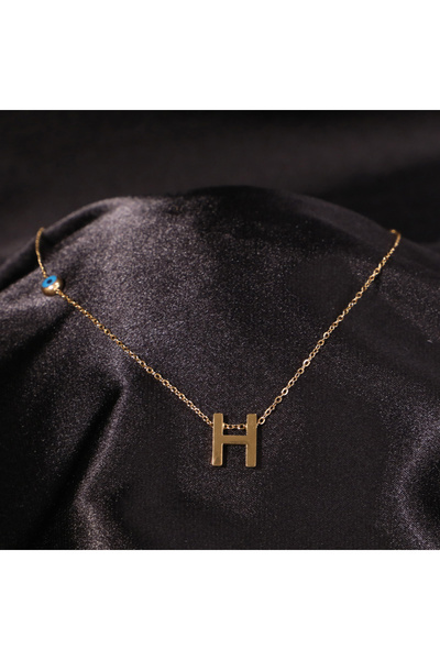 FOURSOLOS Çelik Kadın Kolye, Gold Renk Harf Kolye, Nazar Boncuklu No.137A