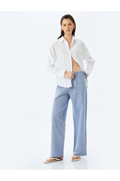 Koton Lacing Detailed Wide Leg Linen Trousers with Pockets