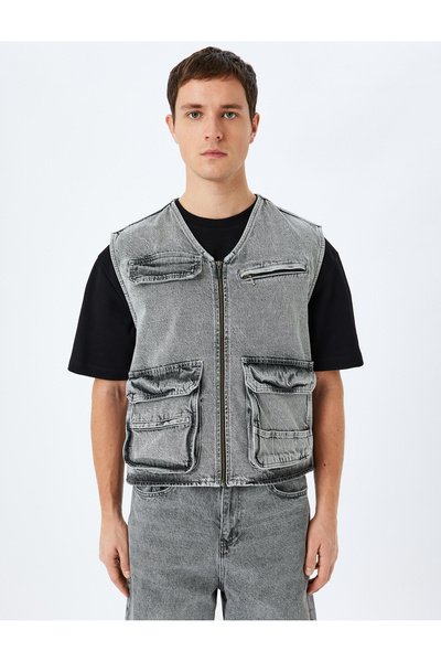 Koton Джинсовий жилет з кришкою, деталізований бавовняний V-подібний виріз, без рукавів, оверсайз