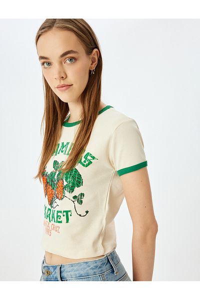 Koton Crew Neck Strawberry Printed Crop Ribbed Cotton T-Shirt