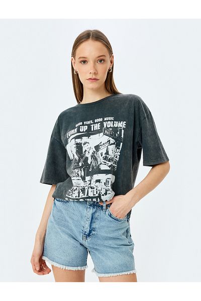 Koton Crew Neck Printed Short Sleeve Washed Oversize T-Shirt