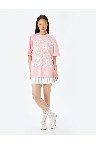 Koton Slogan Printed Oversize Ροζ Γυναικείο T-shirt 5sal10074ık
