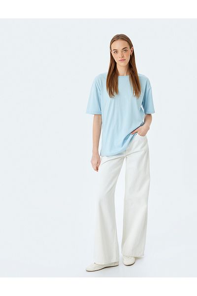 Koton Tricou de damă oversize albastru cu imprimeu pe spate 5sal10198ık