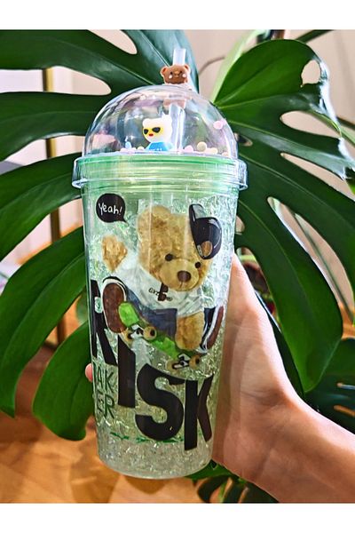 BiTon Toptan Mica Green Double Layer 450 ml Water Bottle with Straw - Teddy Bear Themed Cute 2726