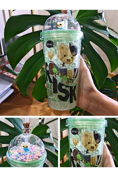 BiTon Toptan Mica Green Double Layer 450 ml Water Bottle with Straw - Teddy Bear Themed Cute 2726