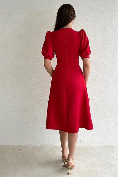 WOMAN VISION Rochie midi cu decolteu în V din țesătură Atlas roșie, cu mâneci cu balon, tăiat clopot, cu accesorii pentru nasturi 153
