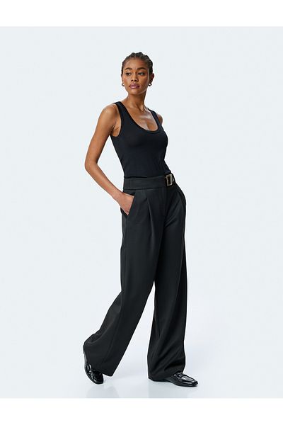Koton Wide Leg Fabric Trousers with Side Pockets and Belt Detail