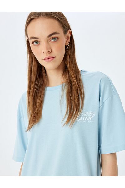 Koton Tricou de damă oversize albastru cu imprimeu pe spate 5sal10198ık