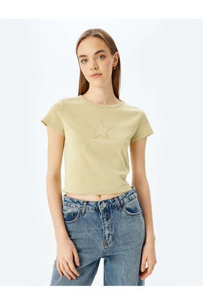 Koton Κεντημένο μπλουζάκι με κοντό μανίκι με λαιμόκοψη στην πλάτη