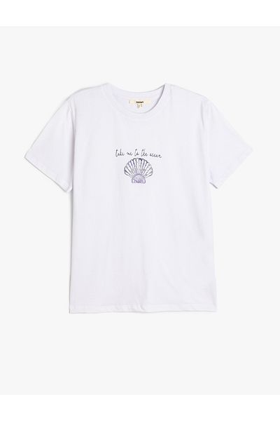 Koton Tricou alb pentru femei cu imprimeu scoici din bumbac 5sak50127ek