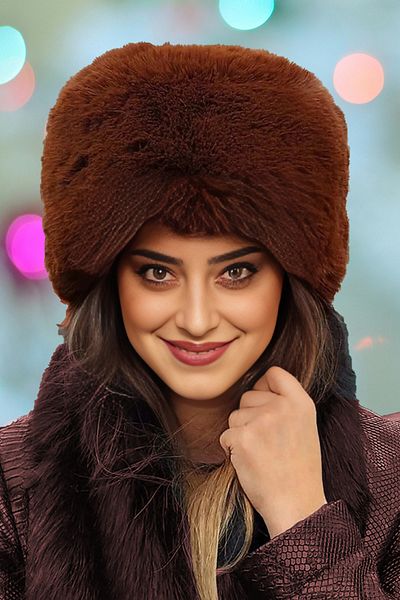 nacar çarşı Women's Coffee Plush Fur Round Heart Hat Beanie