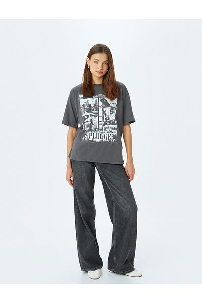 Koton Crew Neck Slogan Printed Oversize Short Sleeve Cotton T-Shirt