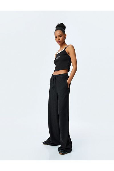 Koton Texturized High Waist Wide Leg Trousers with Lace-Up Waist