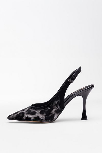 Tasarım Rose Heels Gray Leopard Print Black Patent Leather Shoes