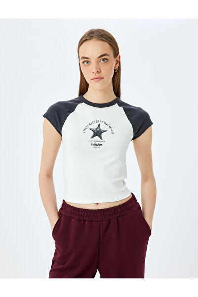 Koton Μπλουζάκι με λαιμόκοψη με λαιμόκοψη Basic Slim Fit κοντομάνικο Raglan μανίκι