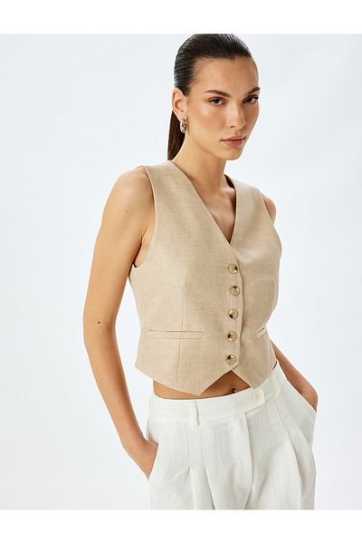 Koton V-Neck Buttoned Blazer Vest with Belt Detail on the Back