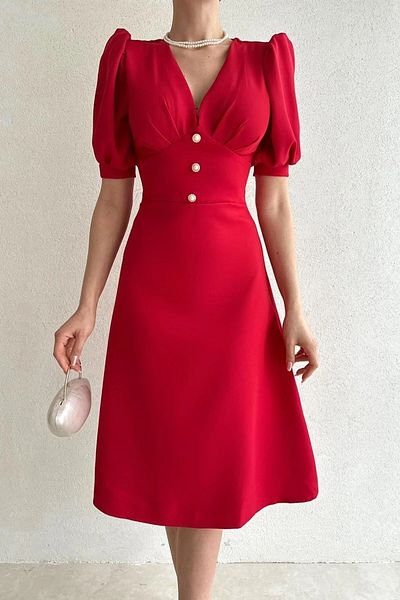 WOMAN VISION Rochie midi cu decolteu în V din țesătură Atlas roșie, cu mâneci cu balon, tăiat clopot, cu accesorii pentru nasturi 153