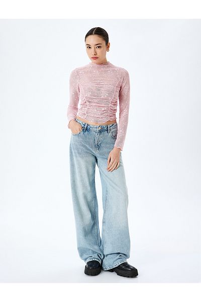 Koton Draped Slim Fit Long Sleeve Lace T-Shirt