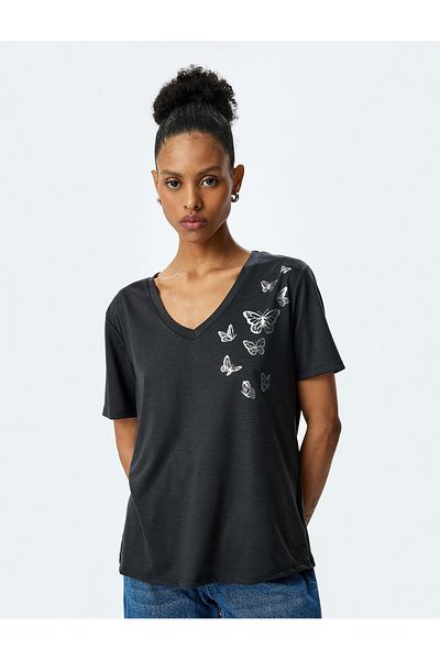 Koton Butterfly Printed Short Sleeve V-Neck T-Shirt
