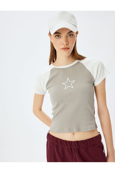 Koton Star Printed Raglan Sleeve Crew Neck Camisole Slim Fit T-Shirt