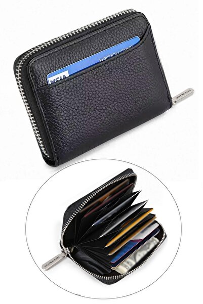 SEPTWOLVES حامل بطاقات ومحفظة سوداء من الجلد الطبيعي بسحاب معدني