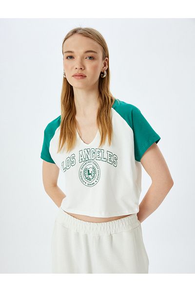 Koton V-Neck Short Sleeve College Printed Crop Slim Fit T-Shirt