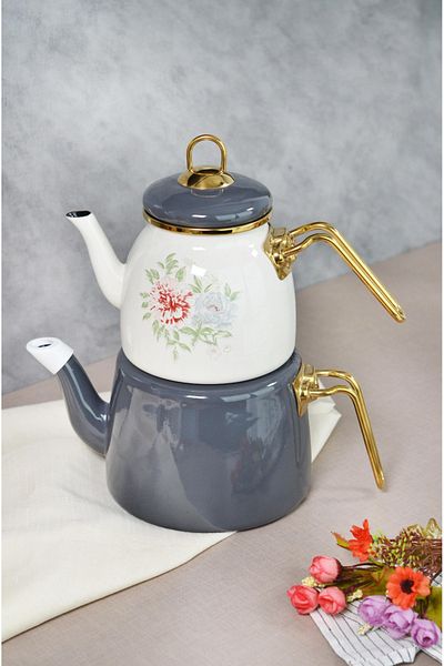 Bayev Clodia Gray Floral Patterned Retro Teapot - Enamel 201340