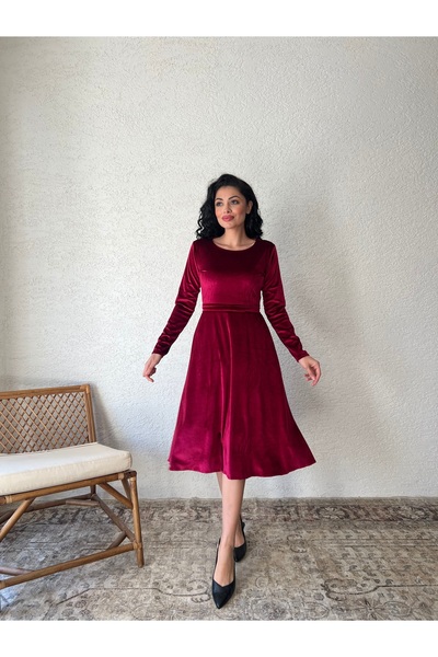 KÜÇÜĞÜM BUTİK Bordo Kısa Kloş Kadife Elbise