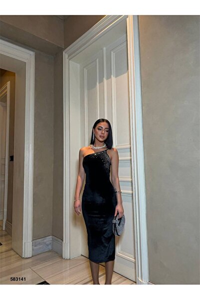 DÖPİYES Taş Askılı Midi Kadife Elbise