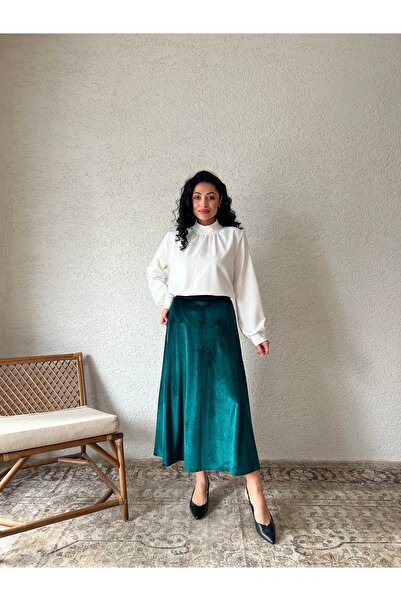 KÜÇÜĞÜM BUTİK Green Velvet Flared Skirt