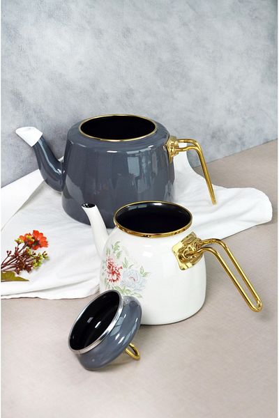 Bayev Clodia Gray Floral Patterned Retro Teapot - Enamel 201340