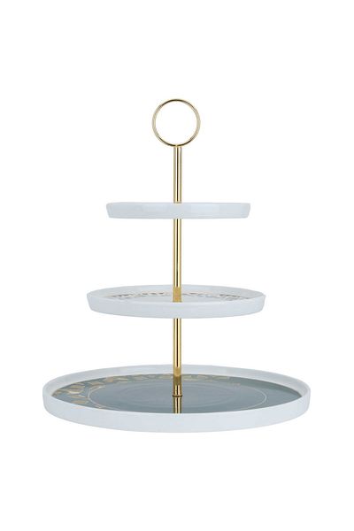 Alsaif Gallery Al Saif Gallery porcelain cake stand, 3 levels, engraved, circular - white
