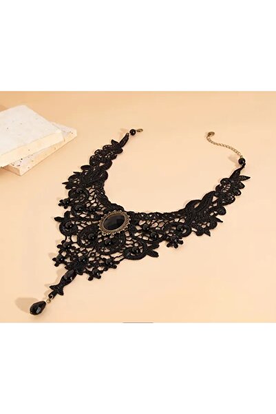 LORESİMA AKSESUAR Siyah Dantel Detaylı Gotik Kolye