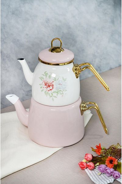 Bayev Enameled Clodia Pink Retro Floral Patterned Teapot - 201341
