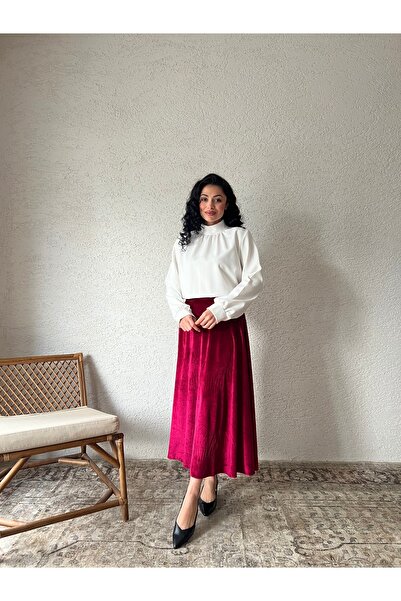 KÜÇÜĞÜM BUTİK Burgundy Velvet Flared Skirt