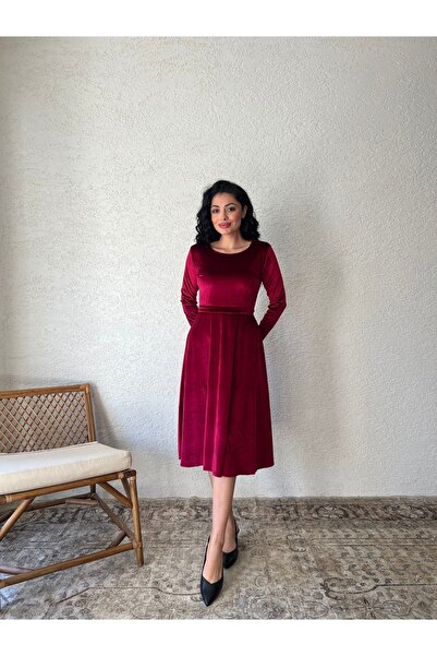 KÜÇÜĞÜM BUTİK Bordo Kısa Kloş Kadife Elbise